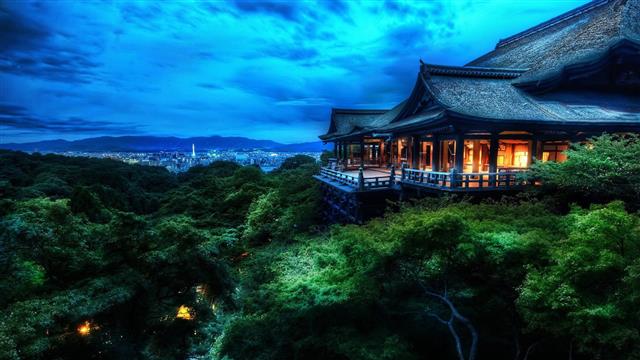 3D art of tree house, night, forest, trees, clouds, Japan, Kyoto, HD wallpaper