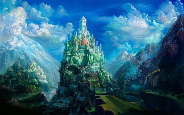 green castle digital wallpaper, digital art, fantasy art, clouds, HD wallpaper