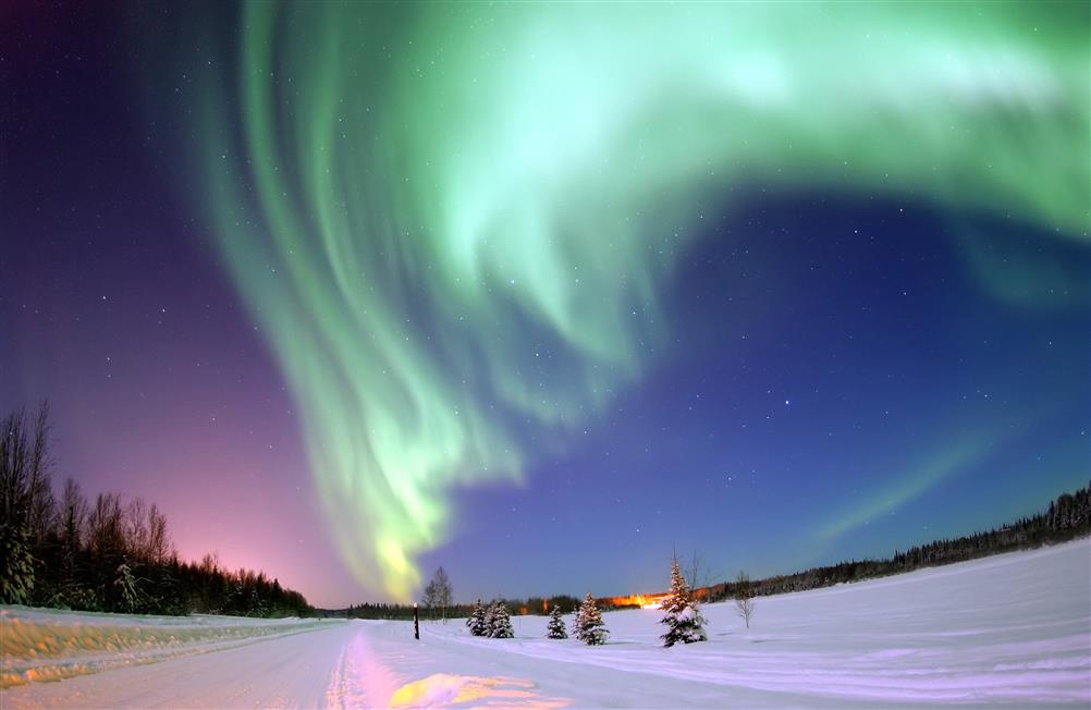 snow covered road under aurora borealis, alaska, alaska, colored, HD wallpaper