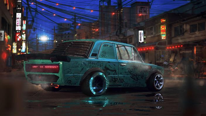 digital art, car, city, reflection, futuristic, fantasy art, HD wallpaper