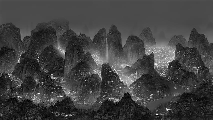 grayscale photography of mountain, monochrome, digital art, nature, HD wallpaper