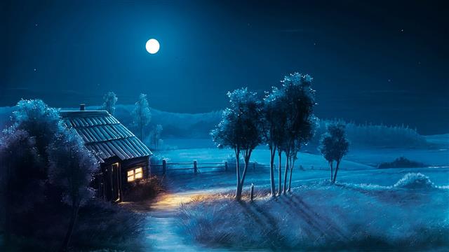 blue, house, moonlight, full moon, fantasy art, fantasy landscape, HD wallpaper