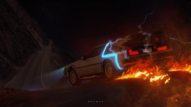 car, Back to the Future, mountains, fire, digital art, fan art, HD wallpaper