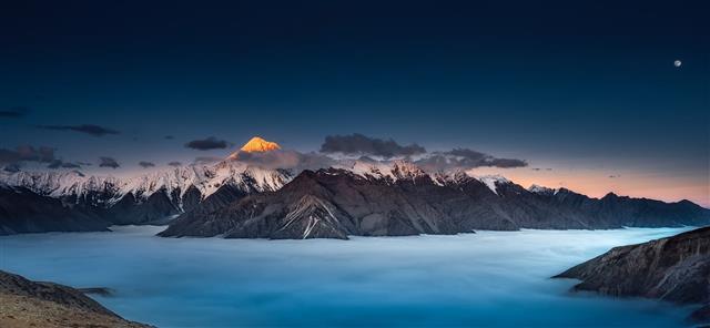 snow-capped mountains, nature, landscape, sunset, Moon, snowy peak, HD wallpaper