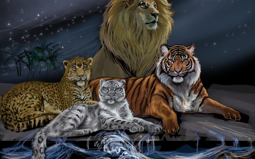 tiger and lion painting, trees, waves, artwork, digital art, leopard, HD wallpaper