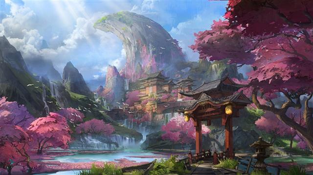 artwork, fantasy art, Chinese architecture, mountains, cherry blossom, HD wallpaper