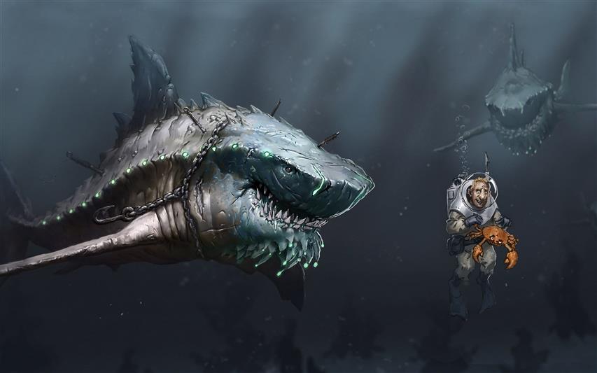 illustration of man and shark wallpaper, digital art, fish, underwater, HD wallpaper
