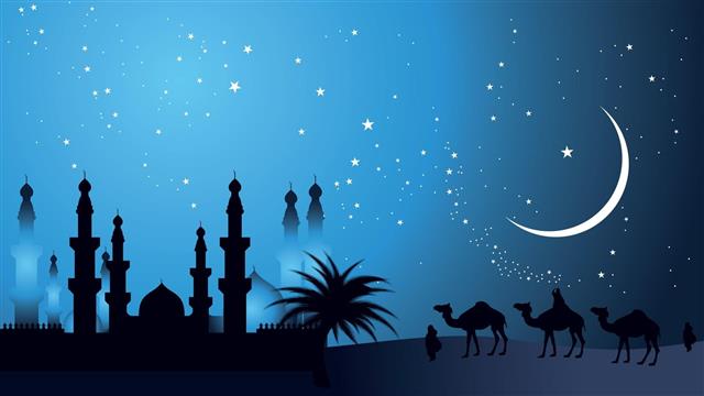 illustration, mosque, muslims, arabian, desert, midnight, graphics, HD wallpaper
