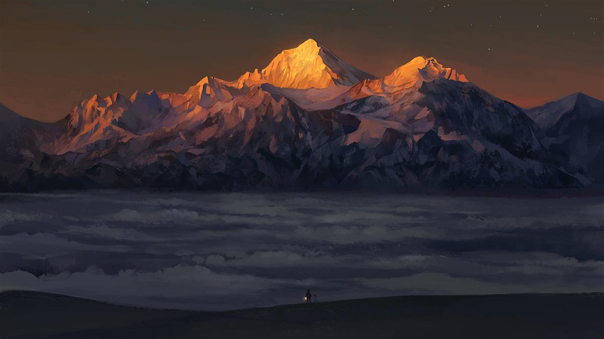 mountains above clouds painting, sunrise, snow, stars, lantern, HD wallpaper