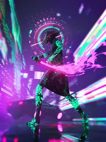 vertical, neon, cyberpunk, futuristic, samurai, Cinema 4D, science fiction, HD wallpaper