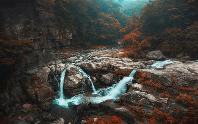 waterfalls surrounded by rocks, landscape photo of waterfalls, HD wallpaper