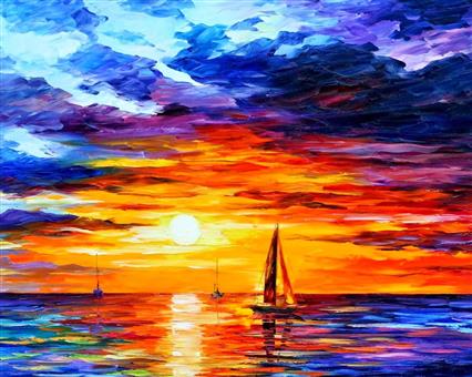 painting of multicolored sailboat on body of water during sunset, HD wallpaper