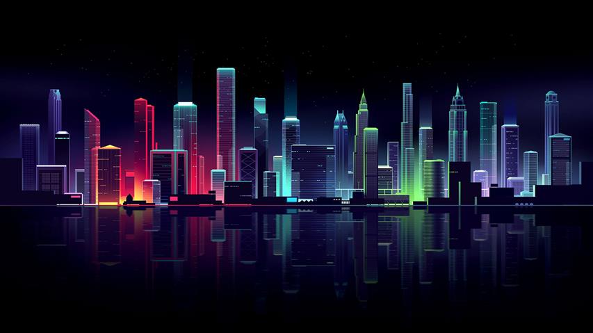building, lights, illustration, Romain Trystram, cityscape, HD wallpaper