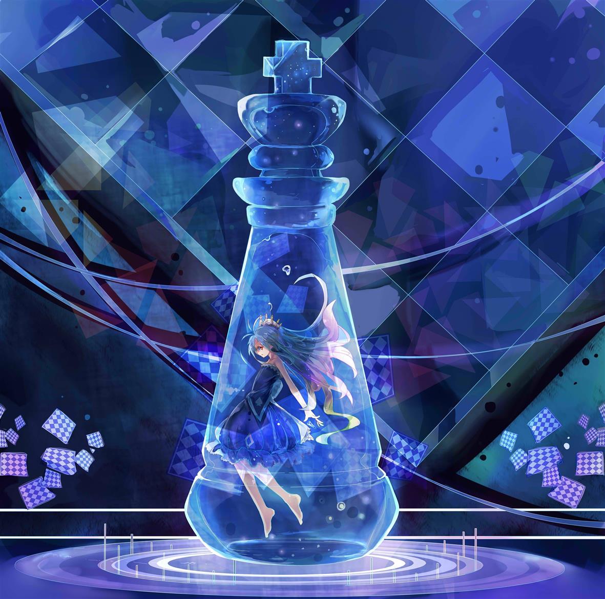 female anime character in blue glass chess king piece digital wallpaper, HD wallpaper