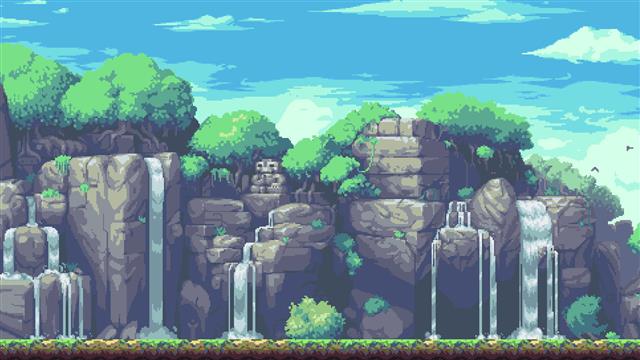 waterfalls animated wallpaper, pixel art, mountains, trees, planet centauri, HD wallpaper