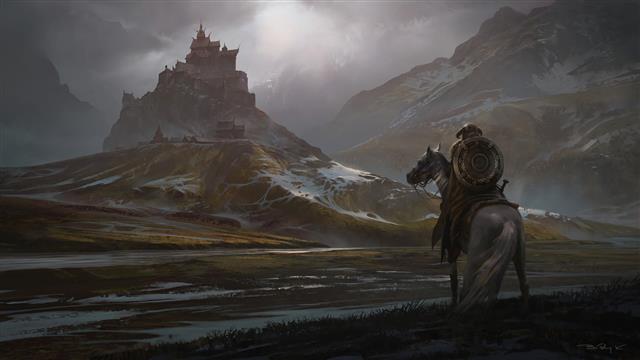 person riding horse near mountain castle digital wallpaper, The Elder Scrolls V: Skyrim, HD wallpaper