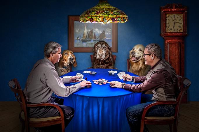 dogs and two men plays poker painting, card, the game, watch, HD wallpaper