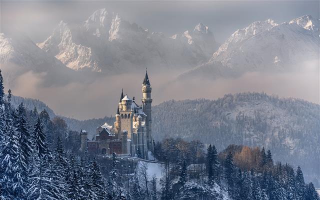 castle beside snow covered mountain, nature, landscape, mountains, HD wallpaper