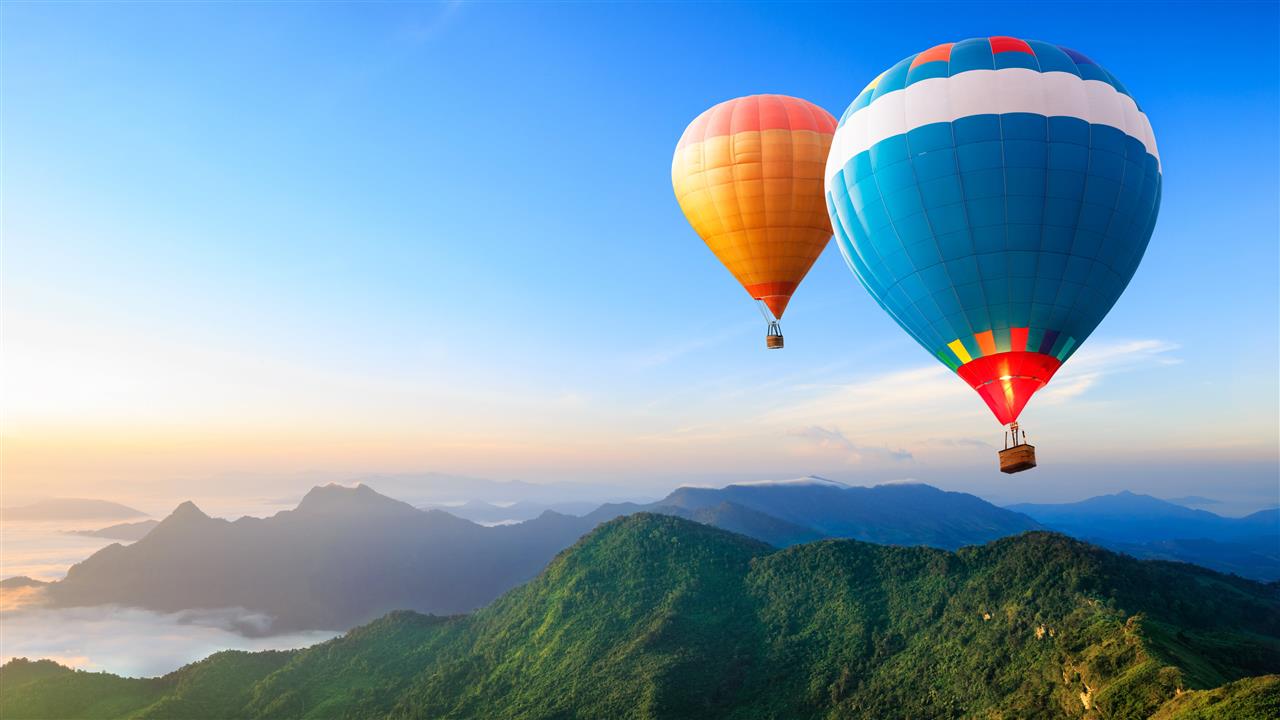blue and white hot air balloon illustration, two blue and orange hot air balloons airborn over mountains, HD wallpaper