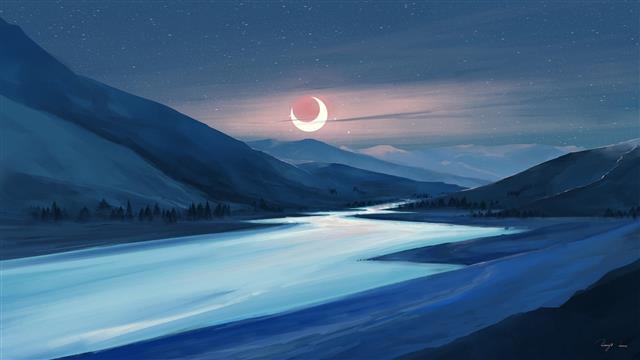 moon, river, sky, trees, landscape, nature, eclipse, night, HD wallpaper