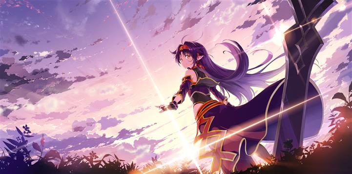 purple haired female anime character illustration, clouds, gloves, HD wallpaper