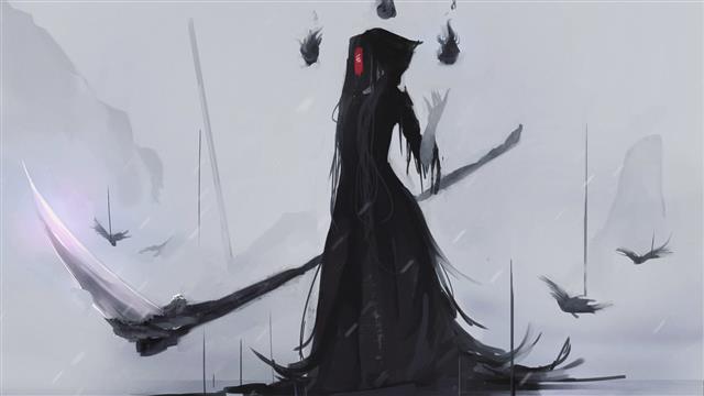 Aoi Ogata, Grim Reaper, scythe, mask, black dress, anime, anime girls, HD wallpaper