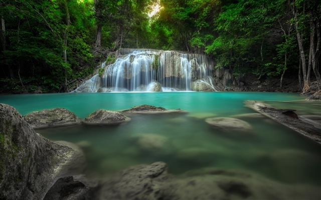 waterfalls, nature, landscape, forest, Thailand, trees, pond, HD wallpaper