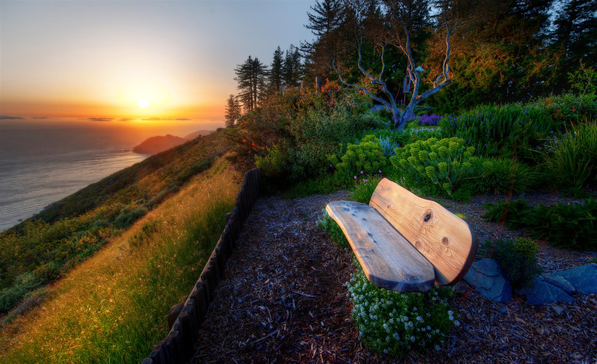 landscape nature during sunset illustration, Bench, Big Sur, Monterey california, HD wallpaper
