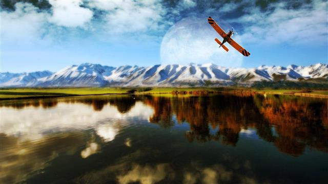 Airplane flying above the mountains, lake under the blue skies, HD wallpaper