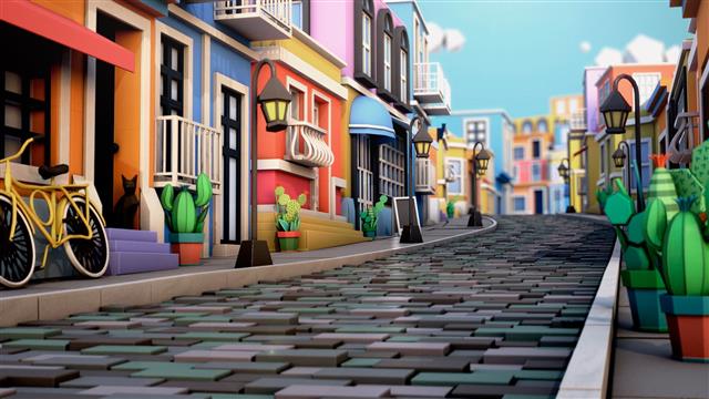 assorted-color houses illustration, Cinema 4D, town square, cactus, HD wallpaper