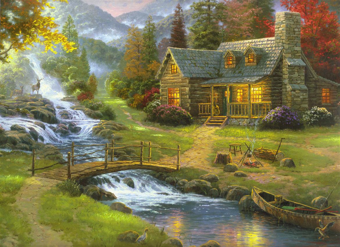 houses next tor river and trees painting, forest, nature, fog, HD wallpaper