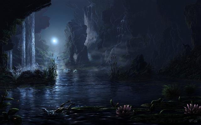 body of water at night painting, Moon, moon rays, rock, flowers, HD wallpaper