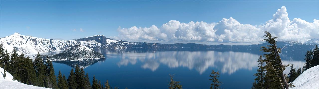 white cumulus clouds, landscape, lake, crater lake, reflection, HD wallpaper