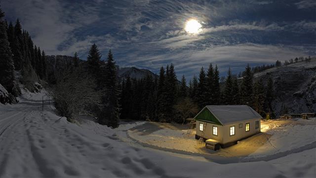white and green house, nature, landscape, night, Moon, moonlight, HD wallpaper