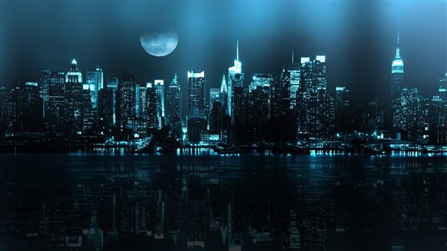 high-rise building illustration, buildings near body of water during night time, HD wallpaper