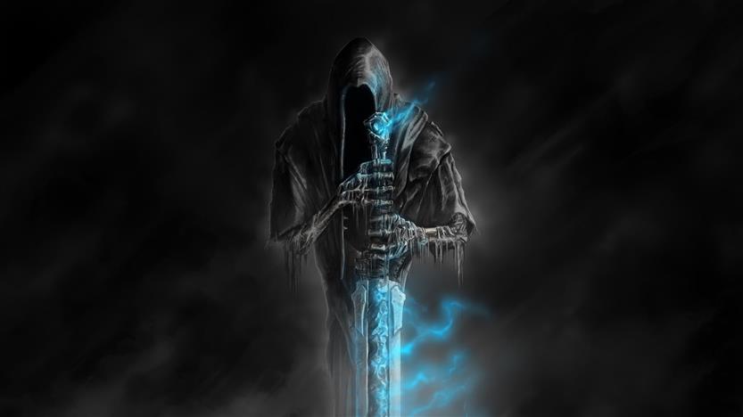 Grim Reaper wallpaper, death, darkness, bones, horror, art, blue flame, HD wallpaper