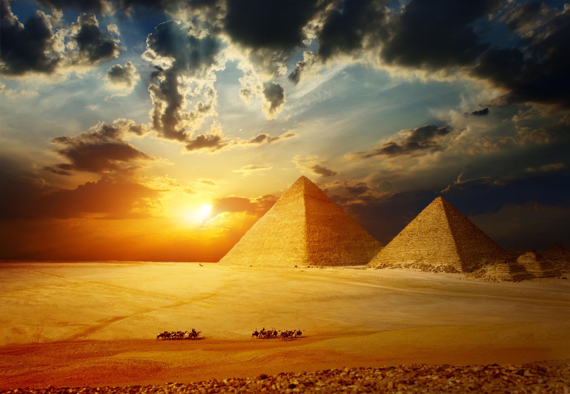 two concrete pyramids, the sky, the sun, landscape, HDR, blur, HD wallpaper