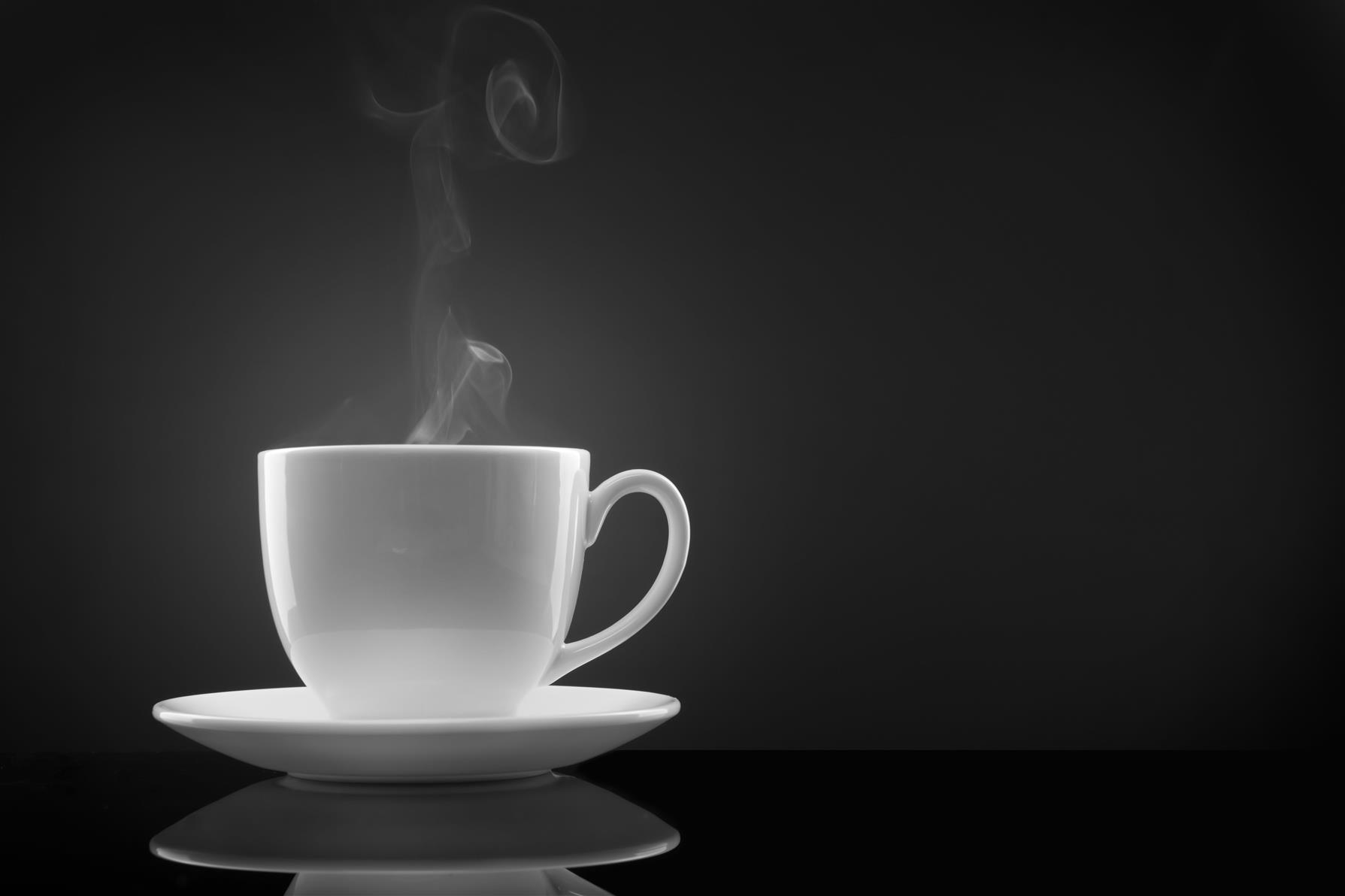 white ceramic teacup with saucer, coffee, steam, black background, HD wallpaper