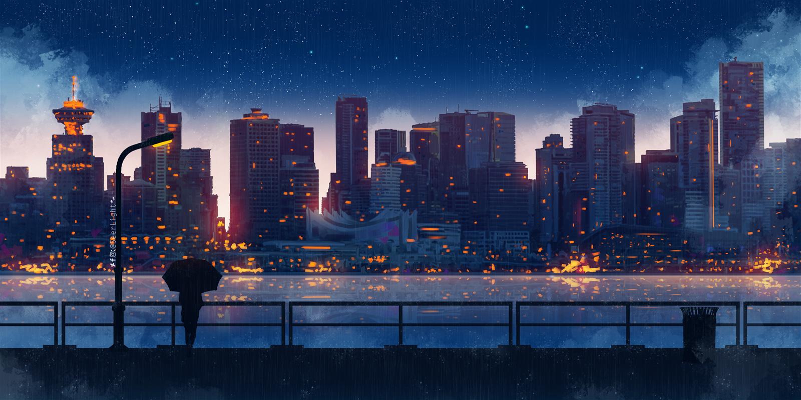 anime, city, building, women, umbrella, night, painting, digital art, HD wallpaper