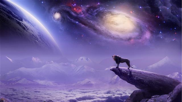 nature, roar, universe, space, fantasy art, lion, purple, sky, HD wallpaper
