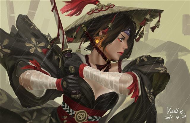 GUWEIZ, samurai, katana, digital art, fantasy girl, warrior, HD wallpaper