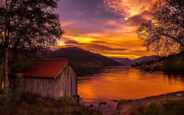 brown wooden shed near body of water and mountain at sunset, nature, HD wallpaper